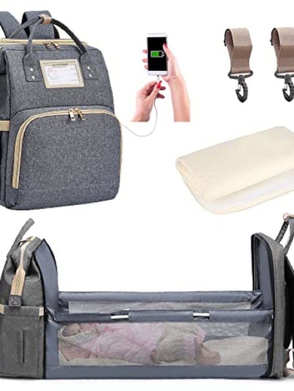 Convertible Gray Diaper Backpack With Portable Bassinet